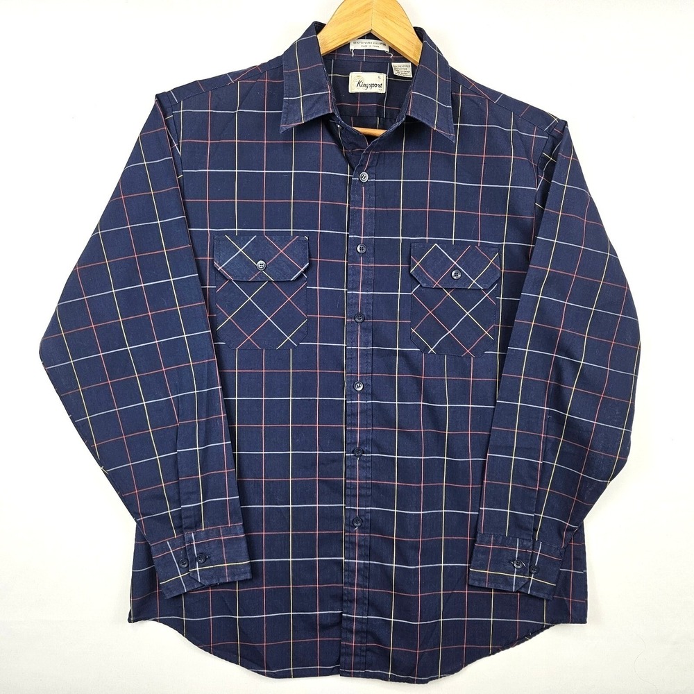 Vintage Kingsport Western Shirt Men's Size L Blue Window Pane Plaid Casual